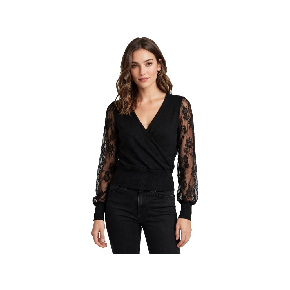 Madden Girl XL Black Wrap Sweater Sheer Lace Sleeves Faux Wrap Lightweight NWT